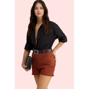 Kadın Yüksek Bel Geniş Paça Gabardin Şort Pamuk Günlük Kullanım Yaz Aylarının Vazgeçilmezi
