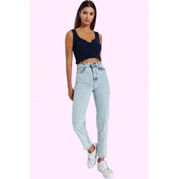 Kadın Yüksek Bel Geniş Paça Mom Jean Denim Pantolon Günlük Stil Yaz Aylarının Vazgeçilmezi
