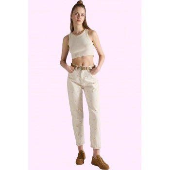 Kadın Yüksek Bel Geniş Paça Mom Jean Kalp Desenli Denim Günlük Hafta Sonu Kaliteli Malzeme