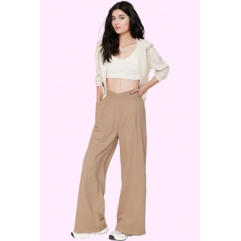 Kadın Yüksek Bel Geniş Paça Örme Pantolon Slogan Detaylı Rahat Ve Şık Kışlık Günlük Kullanım