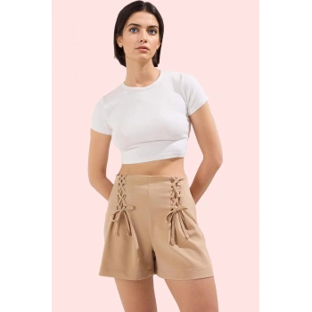 Kadın Yüksek Bel Kısa Şort Etek Bağcık Detaylı Dokuma Günlük Hafta Sonu Yaz Aylarının Vazgeçilmezi