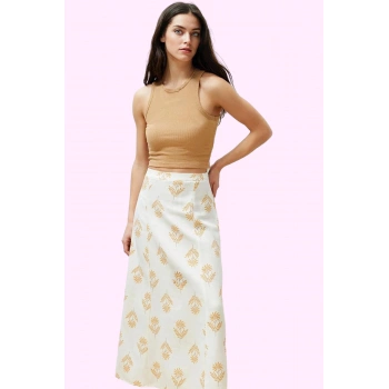 Kadın Yüksek Bel Midi Boy Çiçekli A Line Etek Keten Pamuk Günlük Yaz Aylarının Vazgeçilmezi