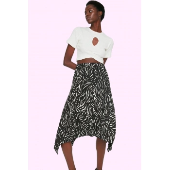 Kadın Yüksek Bel Midi Etek Zebra Desenli Asimetrik Kesim Örme Kumaş Günlük Kombin Hafta Sonu