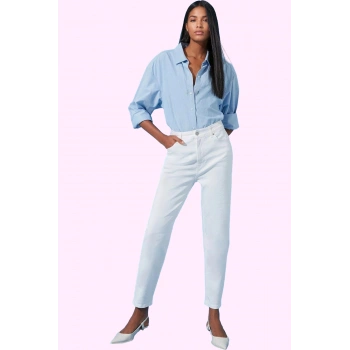 Kadın Yüksek Bel Mom Jean Denim Boru Paça Günlük Kombinler Hafta Sonu Yaz Aylarının Vazgeçilmezi