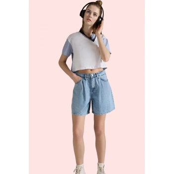 Kadın Yüksek Bel Pileli Denim Bermuda Şort Pamuk Yaz Aylarının Vazgeçilmezi Günlük Kullanım