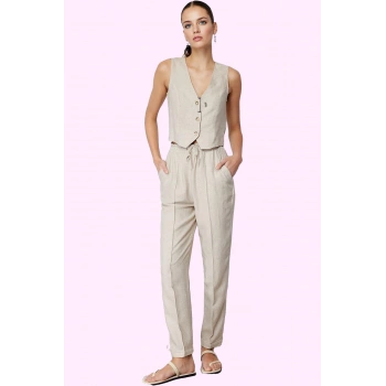 Kadın Yüksek Bel Straight Düz Kesim Keten Karışımlı Pantolon Yazlık Rahat Günlük Hafta Sonu