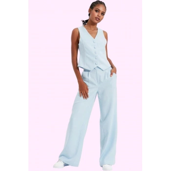 Kadın Yüksek Bel Wide Leg Pantolon Finike Dokuma Kumaş Çift Cepli Rahat Günlük Özel Günler