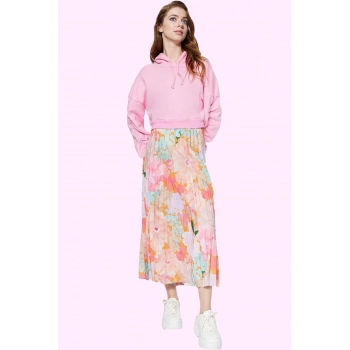 Kadın Yüksek Belli Maxi Etek Çok Çiçek Desenli Ramadan Koleksiyonu Lastikli Bel Günlük Hafta Sonu