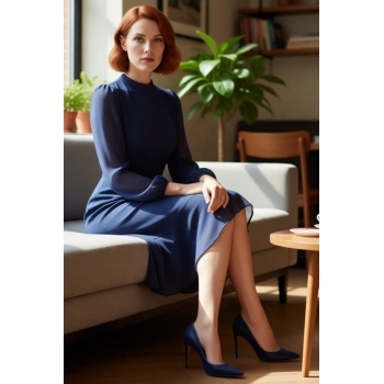 Kadın Zarif A Kesim Uzun Kollu Dik Yaka Astarlı Şifon Dokuma Midi Boy Düz Elbise Kaliteli Şık