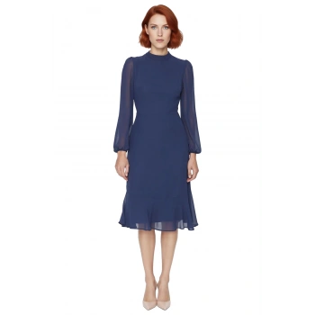 Kadın Zarif A Kesim Uzun Kollu Dik Yaka Astarlı Şifon Dokuma Midi Boy Düz Elbise Kaliteli Şık