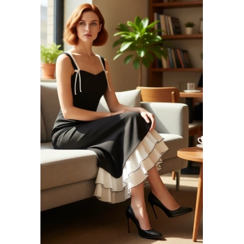 Kadın Zarif Balık Siluet İnce Askılı Fiyonklu Kalp Yaka Maxi Abiye Elbise Özel Davetler ve Partiler