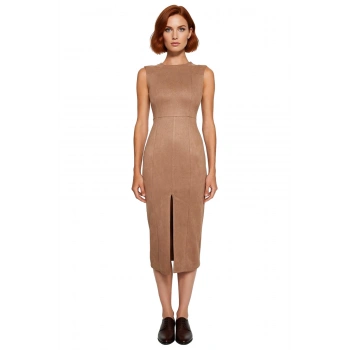 Kadın Zarif Bodycon Süet Dokuma Midi Elbise Kolsuz Bisiklet Yaka Düz Kesim Modern Şıklık Sunar.