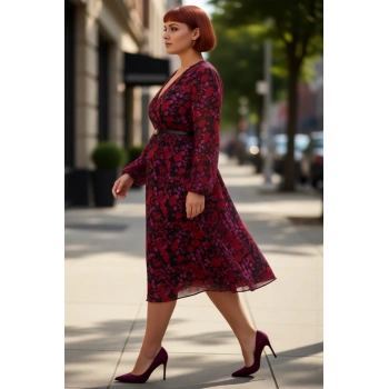 Kadın Zarif Çiçekli Kruvaze Midi Elbise Şifon Dokuma Kemerli V Yaka Balon Kol İlkbahar Sonbahar