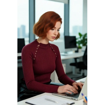 Kadın Zarif Fitted Kesim Dik Yaka Cut Out Detaylı Uzun Kollu Triko Kazak Bahar Trendi Kaliteli