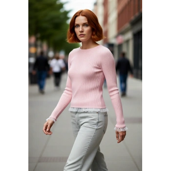 Kadın Zarif Fitted Triko Pembe Tül Detaylı Uzun Kollu Bisiklet Yaka Sonbahar Kazak Kaliteli