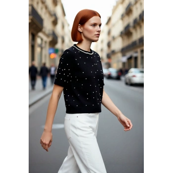 Kadın Zarif İnci Taş İşlemeli Bisiklet Yaka Kısa Kol Crop Triko Kazak Günlük Şıklık ve Rahatlık