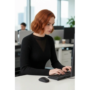 Kadın Zarif Siyah Ribanalı Fitted Kazak Transparan V Yaka Detaylı Günlük Şık Uzun Kollu Kaliteli