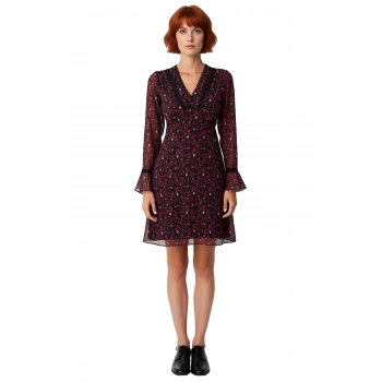 Kadın Zarif V Yaka Çiçekli Şifon Astarlı Mini Elbise Uzun Kollu Skater Kesim Modeli Kaliteli