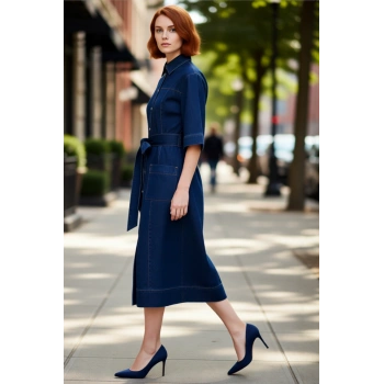 Kadınlar İçin %100 Pamuk Mavi Denim Kemerli Maxi Elbise Gömlek Yaka Kısa Kollu Şık ve Konforlu