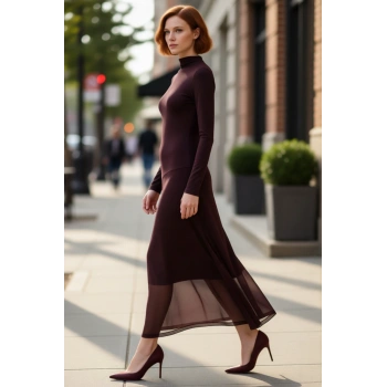 Kadınlar İçin A Kesim Dik Yaka Uzun Kollu Örme Midi Elbise Şık Ve Konforlu Giyim Deneyimi Kaliteli