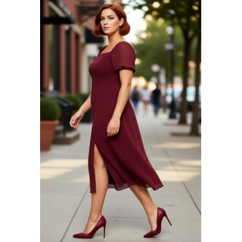 Kadınlar İçin A Line Kare Yaka Midi Boy Balon Kol Astarlı Şık Dokuma Yırtmaçlı Büyük Beden Elbise