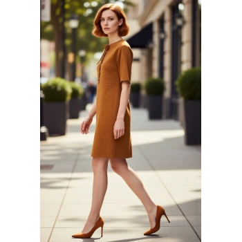 Kadınlar İçin A line Kesim Bağlama Detaylı Süet Dokulu Bisiklet Yaka Kısa Mini Elbise Şıklığı