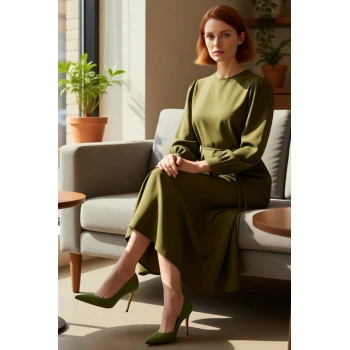 Kadınlar İçin A Line Kesim Bisiklet Yaka Uzun Kollu Maxi Boy Kuşaklı Önü Parçalı Dokuma Elbise