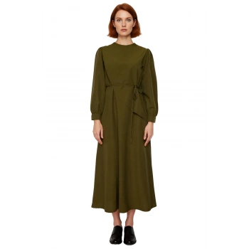 Kadınlar İçin A Line Kesim Bisiklet Yaka Uzun Kollu Maxi Boy Kuşaklı Önü Parçalı Dokuma Elbise