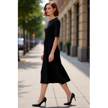 Kadınlar İçin A line Kesim Büzgü Detaylı Siyah Örme Midi Elbise %100 Pamuk Konforu Kaliteli