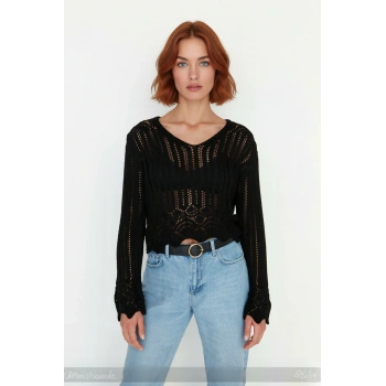 Kadınlar İçin Ajurlu V Yaka Triko Kazak Regular Kalıp Uzun Kol Basic Tasarım Şık Görünüm Kaliteli