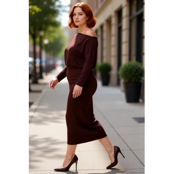 Kadınlar İçin Bodycon Kalıp Asimetrik Yaka Uzun Kol Düz Örme Midi Maxi Elbise Kış Şıklığı Ve Konforu