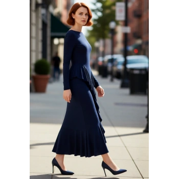 Kadınlar İçin Bodycon Kesim Kayık Yaka Uzun Kollu Volanlı Maxi Şık Gece Elbisesi Özel Davetlere