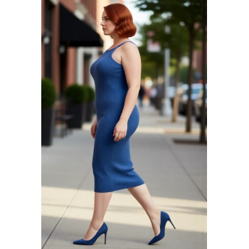 Kadınlar İçin Bodycon Kesim Mavi Kolsuz Midi Boy Fitilli Triko Elbise Yaz Stiliyle Modern Şıklık