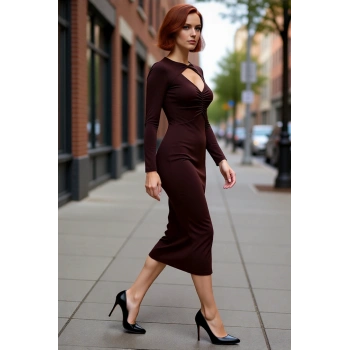 Kadınlar İçin Bodycon Kesim Uzun Kollu Midi Boy Choker Yaka Şık Gece Elbisesi Zarif Detaylarla