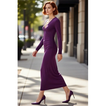 Kadınlar İçin Bodycon Kesim V Yaka Büzgülü Astarlı Maxi Örme Elbise Şık Davetler İdeal