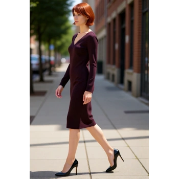 Kadınlar İçin Bodycon Midi Triko Elbise V Yaka Uzun Kol Düz Desen Rahat Şık İlkbahar Sonbahar Stili