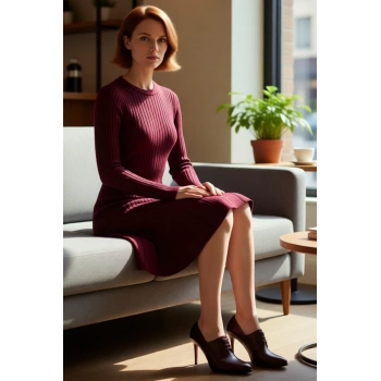Kadınlar İçin Bordo A Kesim Triko Elbise Mini Boy Uzun Standart Kol Kışlık Gündüz Gece Kombin