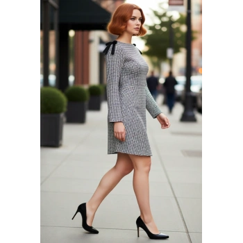 Kadınlar İçin Büyük Beden Ekose A Kesim Uzun Kollu Kayık Yaka Omuz Fiyonklu Mini Dokuma Elbise Kışa