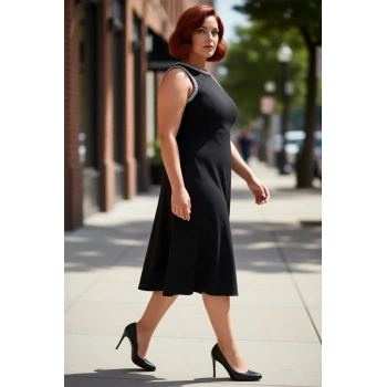 Kadınlar İçin Büyük Beden Siyah A Line Kolsuz Midi Dokuma Abiye Elbise Işıltılı Yaka Detaylı Şık