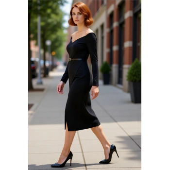 Kadınlar İçin Carmen Yaka Bodycon Midi Elbise Kemer Detaylı Uzun Kollu Şık Dokuma Tasarım Kaliteli