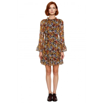 Kadınlar İçin Çiçek Desenli Fırfır Yaka Şifon Uzun Kollu A Line Mini Elbise Günlük Şıklık Kaliteli