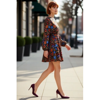 Kadınlar İçin Çiçekli Desenli Balon Kol Bisiklet Yaka Kuşaklı Mini Viskoz Dokuma Elbise Şık ve Rahat