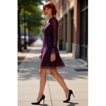 Kadınlar İçin Çiçekli Şifon Skater Mini Elbise Aksesuar Detaylı V Yaka Uzun Kollu Modeli Kaliteli