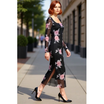 Kadınlar İçin Çiçekli Tül Bodycon Maxi Elbise Kare Yaka Uzun Standart Kollu Şık Tasarım Kaliteli