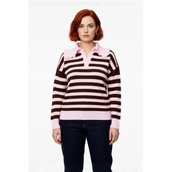 Kadınlar İçin Çizgili Bebe Yaka Triko Kazak Rahat Regular Kalıp Kış Modası Uzun Kollu Stil