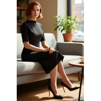 Kadınlar İçin Dik Yaka Bodycon Midi Elbise Kemerli Anvelop Kesim Standart Kol Şıklığı Kaliteli