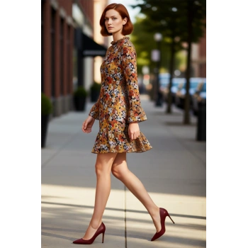 Kadınlar İçin Dik Yaka Fırfır Detaylı Çiçek Desenli Şifon A Line Uzun Kollu Mini Elbise Kaliteli
