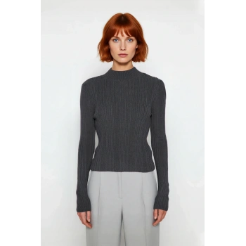 Kadınlar İçin Dik Yaka Fitilli Dokuma Fitted Kalıp Uzun Kollu Basic Triko Kazak Kışlık Şıklık ve