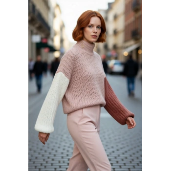 Kadınlar İçin Dik Yaka Oversize Kalıp Renk Bloklu Balon Kol Uzun Triko Kazak Kışlık Konfor