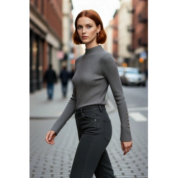 Kadınlar İçin Dik Yaka Uzun Kollu Fitilli Dokuma Fitted Kesim Triko Kazak Günlük Giyim Kaliteli